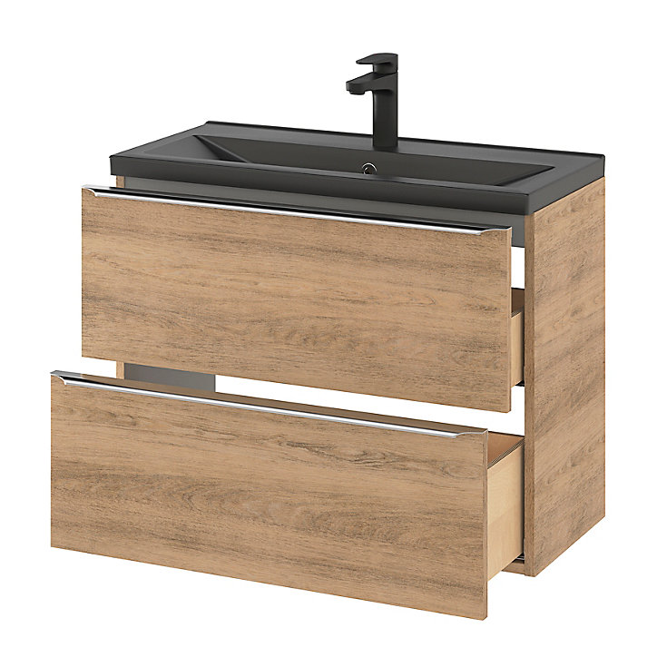 Ensemble salle de bains l.80 cm meuble à suspendre faible profondeur Imandra décor chêne + plan vasque céramique noir