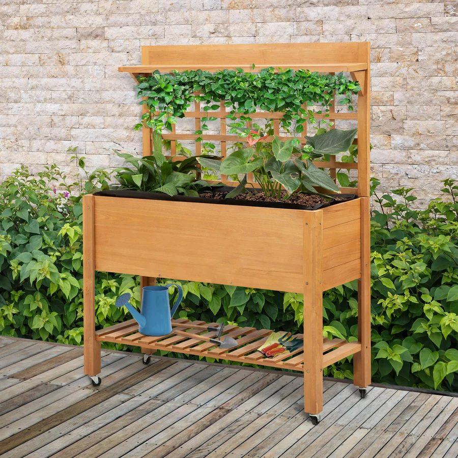 Outsunny Gärtnertisch mit Rollen natur