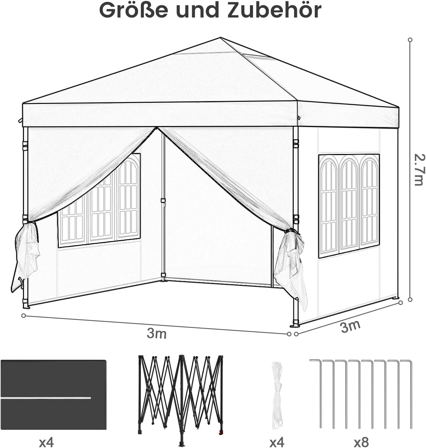 Laneetal Pavillon 3x3 m, Faltpavillon mit Seitenwänden, wasserfest stabil Winterfest, Outdoor Gartenpavillon, Partyzelt Gartenzelt, höhenverstellbar, UV Schutz, Metallrahmen,Anthrazit