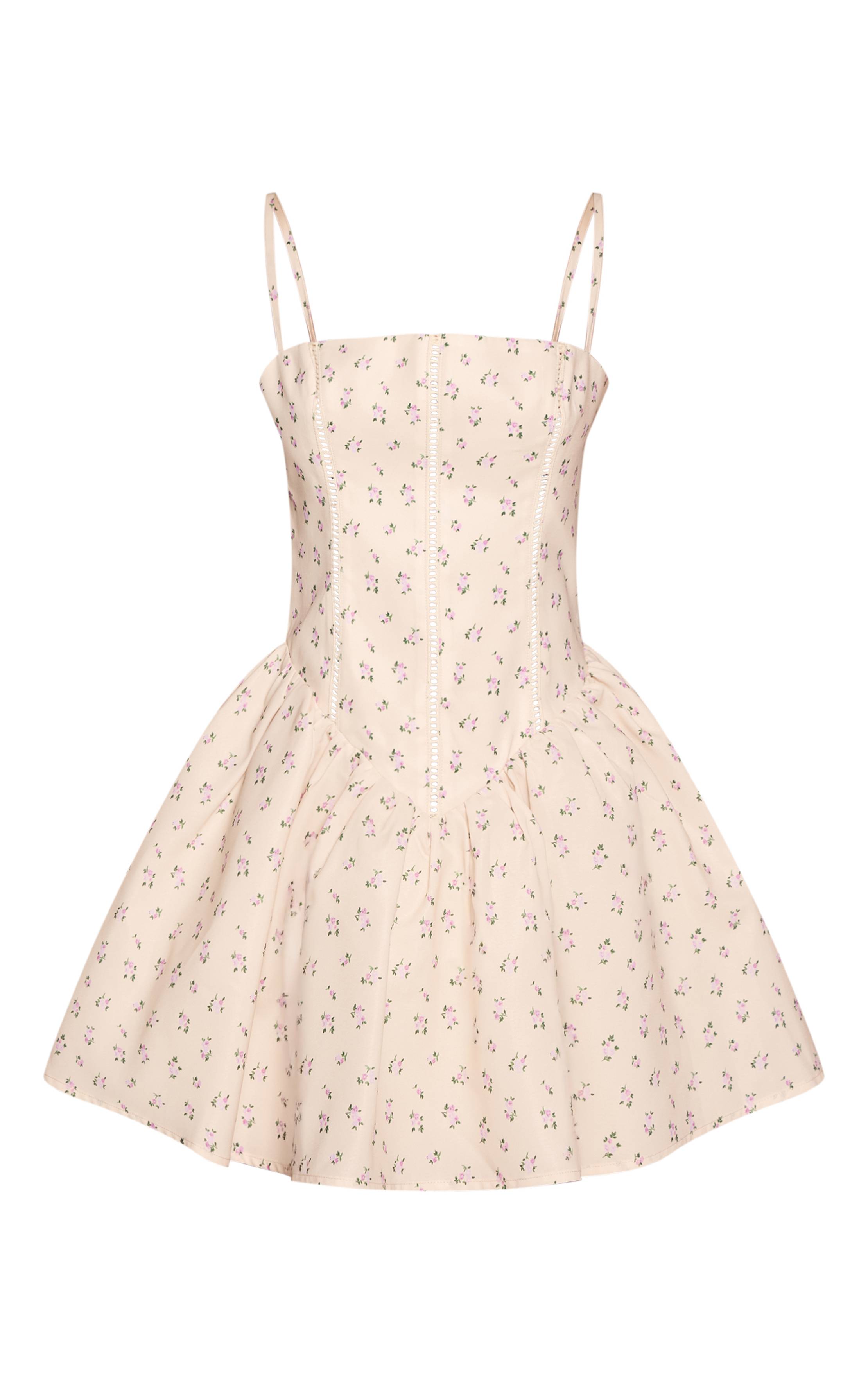 Butter Yellow Robe Courte Droite Petite Taille À Taille Basse, Encolure Carrée Et Imprimé Floral
