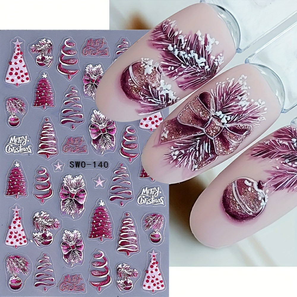(89-tlg. Set) Nagel Sticker Nail Art Tattoo Selbstklebende Aufkleber Weihnachten - Rosa / Weiss