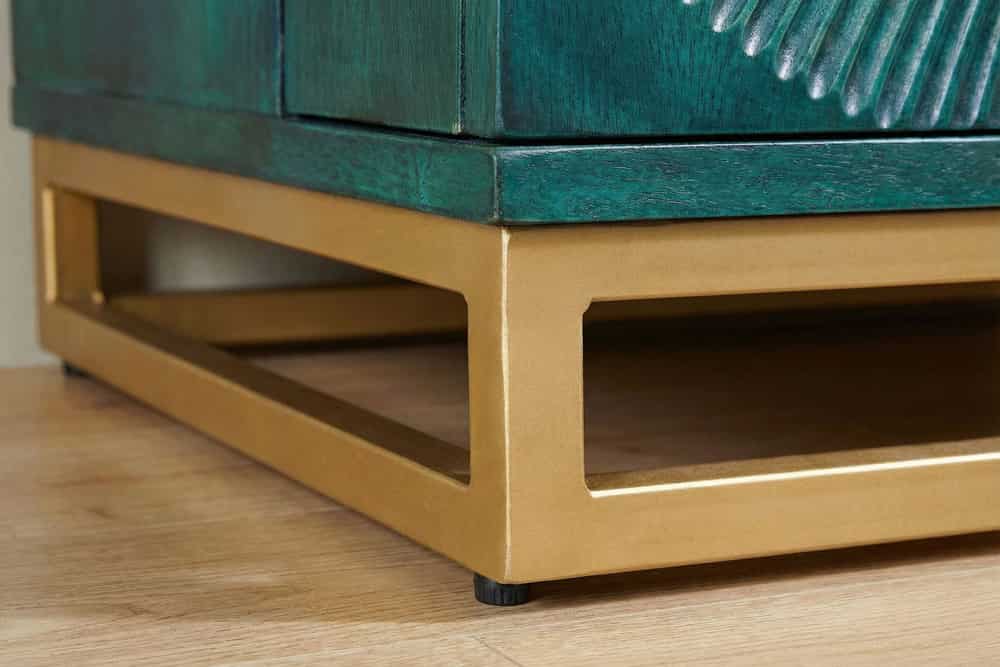 Handgearbeiteter Barschrank GOLDEN SUNSET 140cm türkis Mangoholz massiv