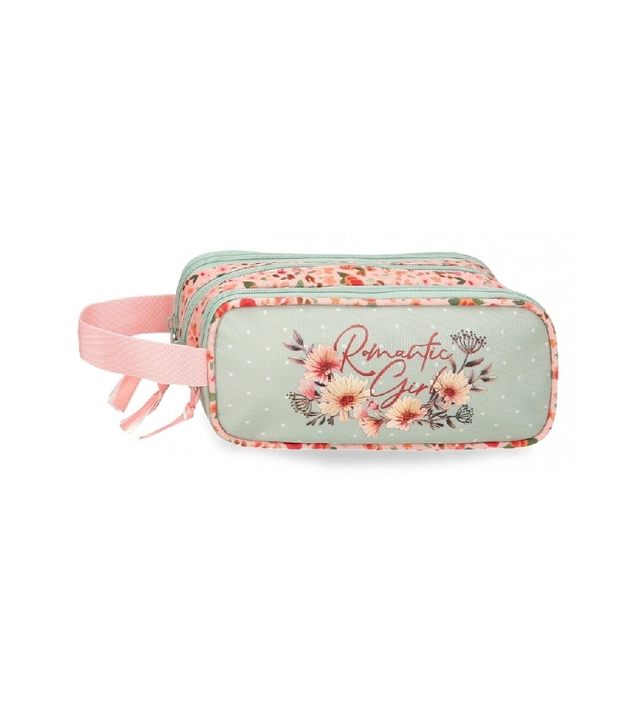 Estojo para lápis Movem Romantic Girl com três compartimentos - Verde - 22x10x9cm -