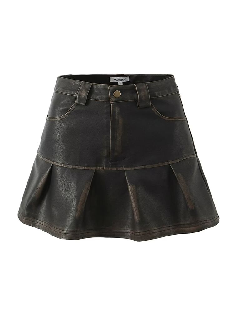 SugaYuja - Hoge taille, gewassen, geplooide, imitatieleren mini-A-lijn rok