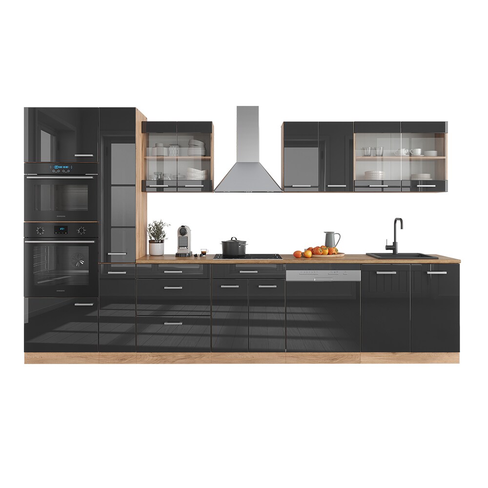 Vicco Küchenzeile Küchenblock Einbauküche R-Line 350 cm Eiche Anthrazit Hochglanz Küche