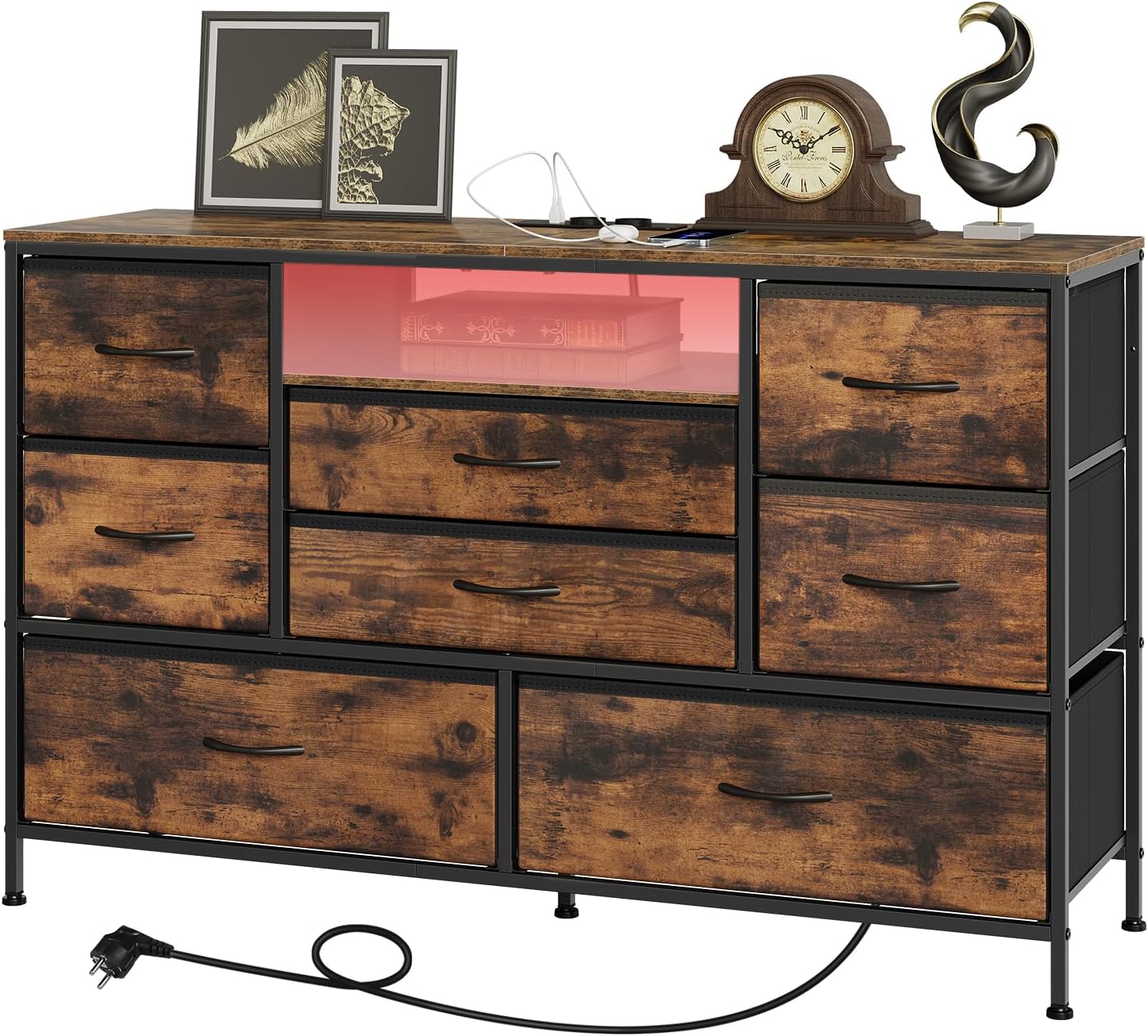 WOLTU Kommode mit 8 Stoffschubladen, Stauraum für Wohnzimmer, Schlafzimmer, Flur, mit LED-Fernbedienung, Typ-C+USB-A & 2 AC-Steckdosen, Metallrahmen, Vintage Braun-Schwarz, 120x36x75cm, SSK013vbn