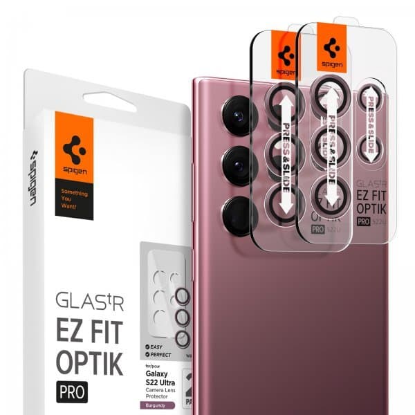 Spigen Samsung Galaxy S22 Ultra Kameralinsebeskytter GLAS.tR EZ Fit Optik Pro 2-pak Burgundy