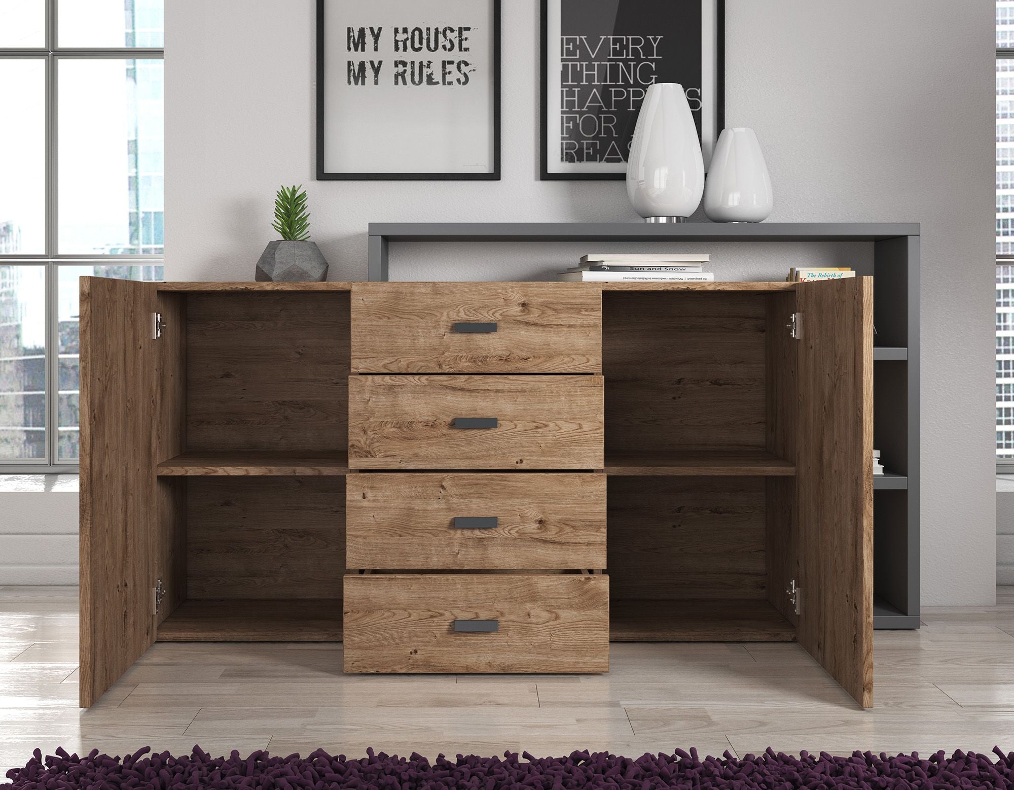 Bello - Dressoir - Eiken/antraciet - 180x38x80 cm