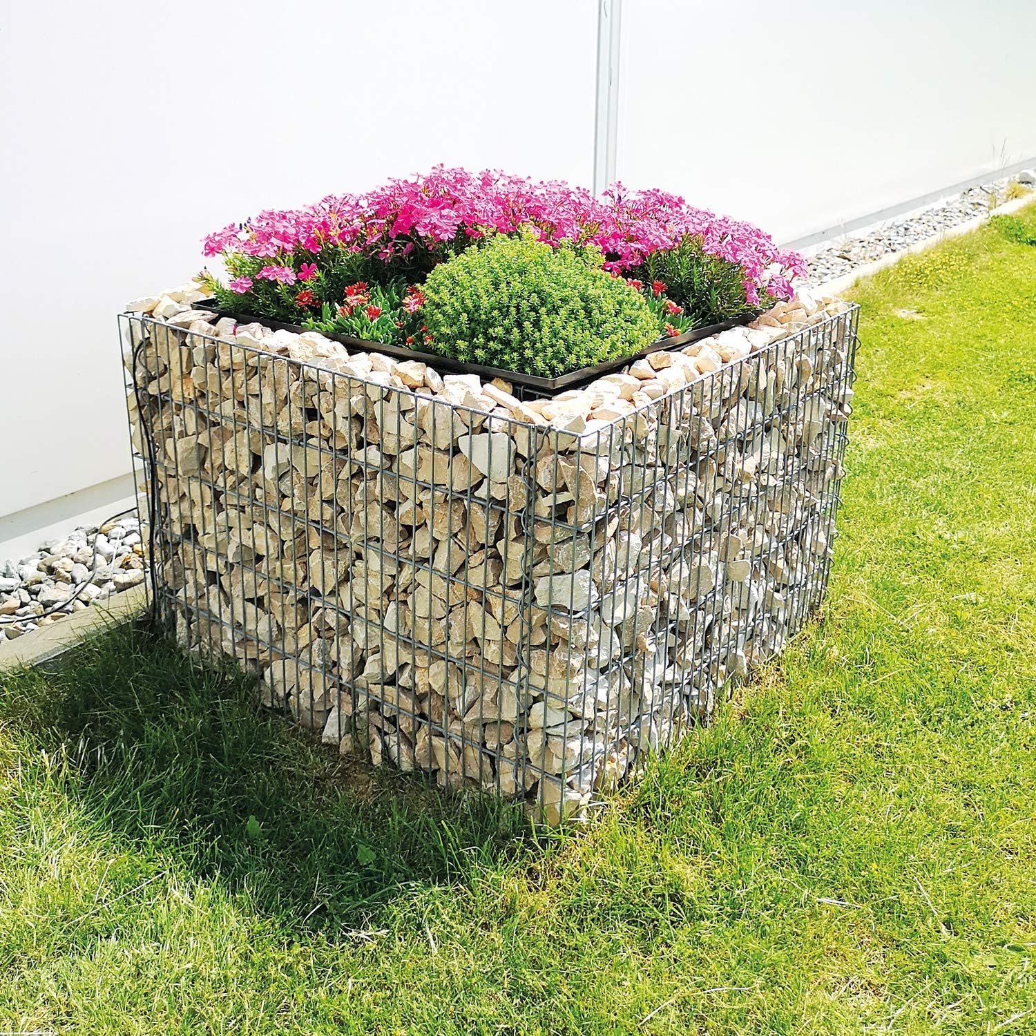 bellissa - Zink-Aluminium, Gabionen Mähroboter-Garage - 97296 - Bepflanzbare Rasenmäher-Garage mit Pflanzschale, Silber - 75x75x53 cm