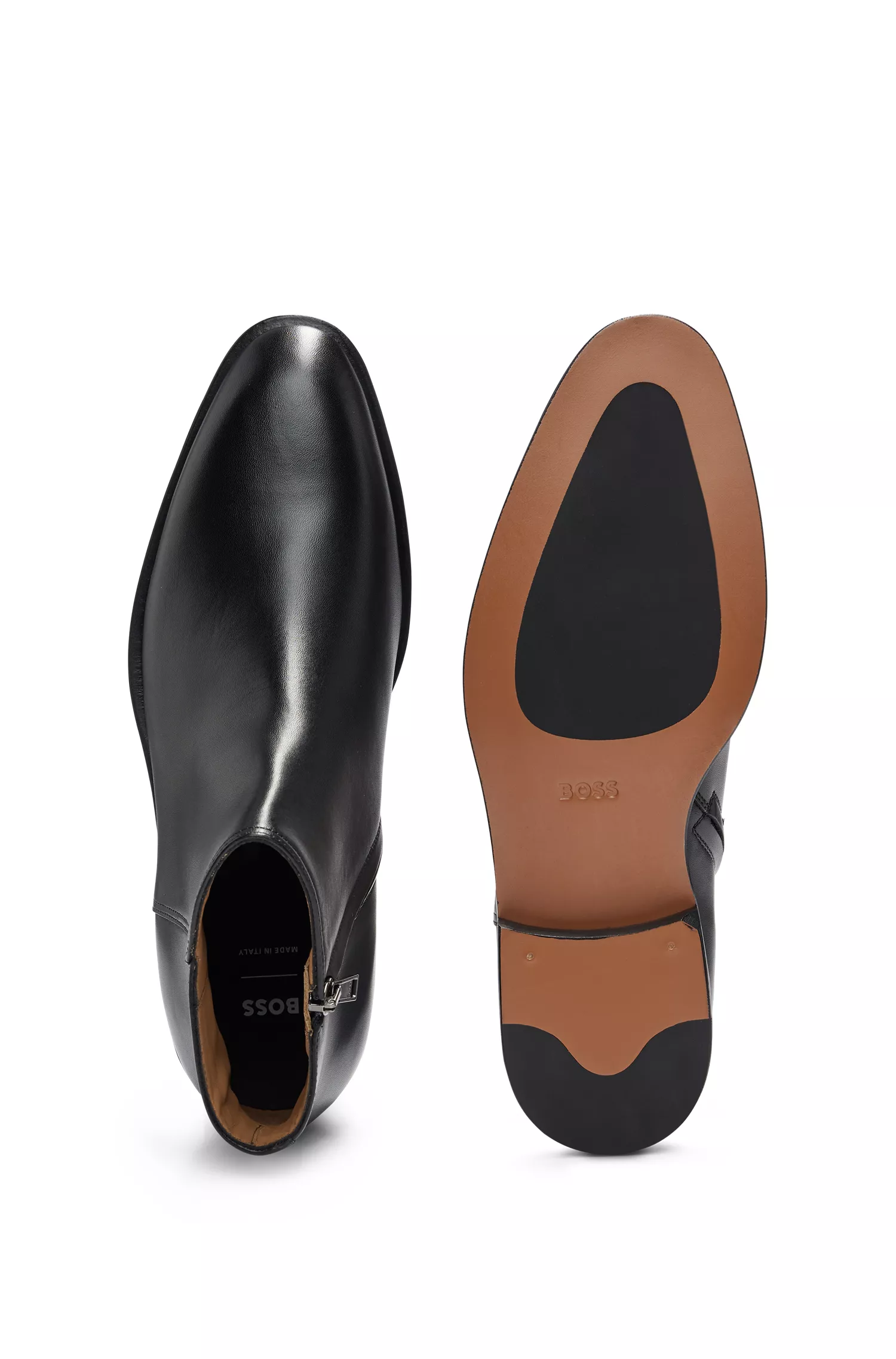 Botas de cano curto BOSS em couro italiano preto com logotipo em relevo.