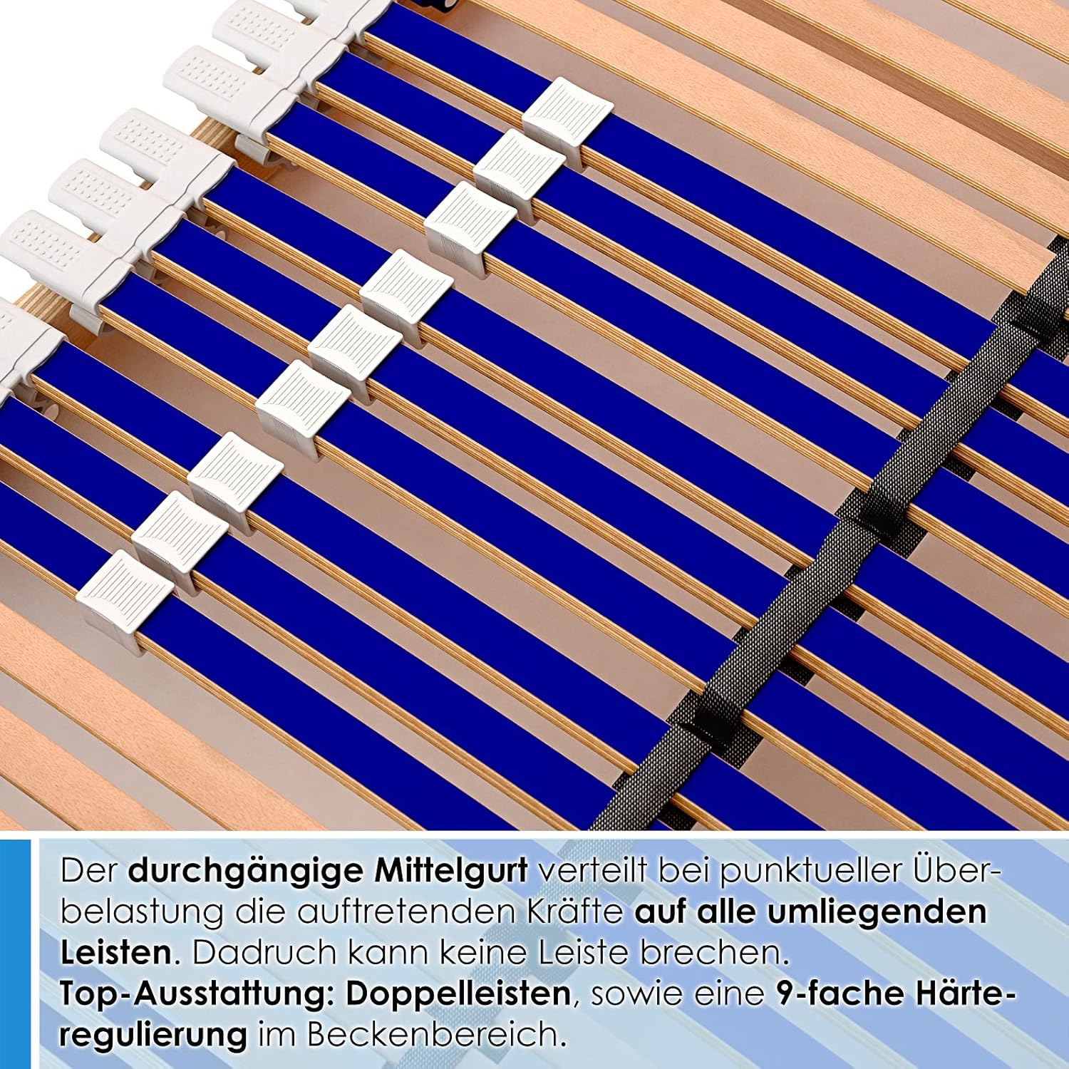elektrischer Lattenrost 100% BUCHE - Kopf- u. Fußteil elektrisch verstellbar - SCHULTERFRÄSUNG, 7 Zonen, 44 Federleisten, Härteregulierung, Mittelgurt - Motor Comfort 44® - fertig montiert (90x200)