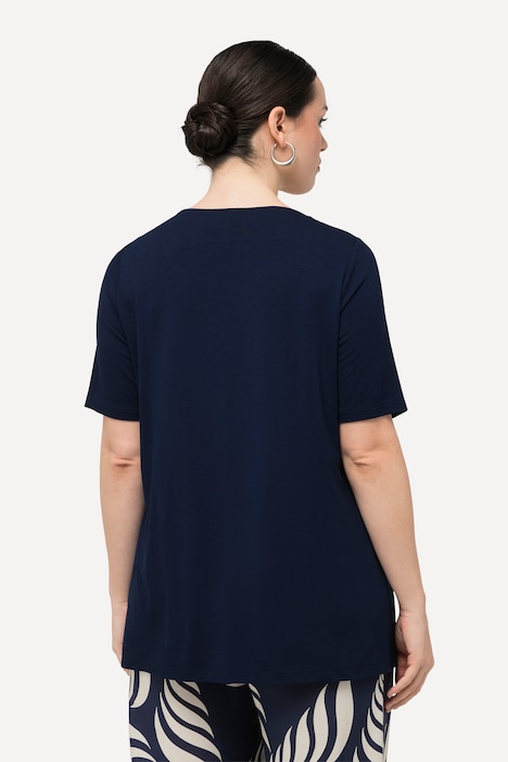 T-Shirt, Perlenstickerei, A-Linie, Rundhals, Halbarm