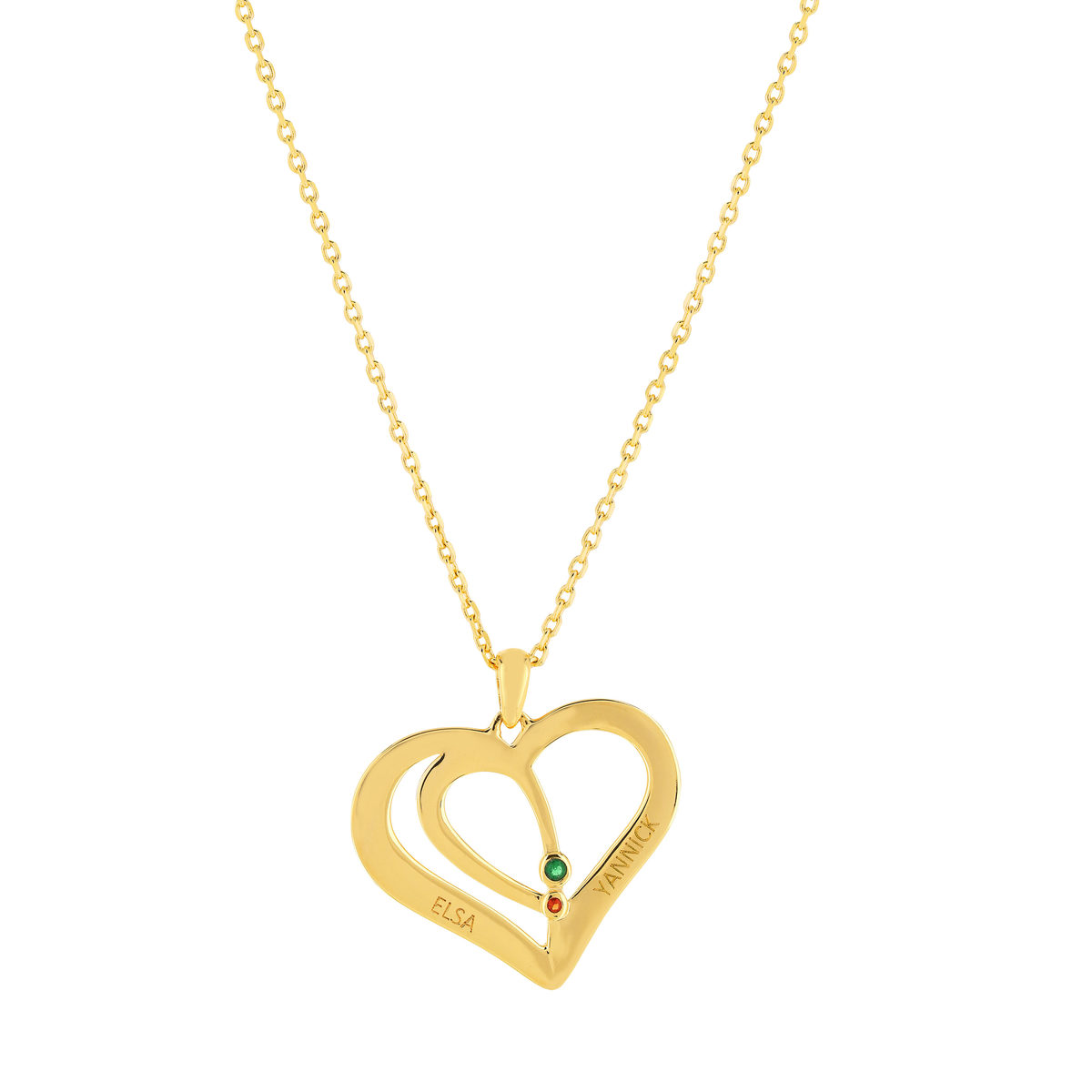Collier plaqué or coeur personnalisable zirconias verts et rouges 44,5 cm