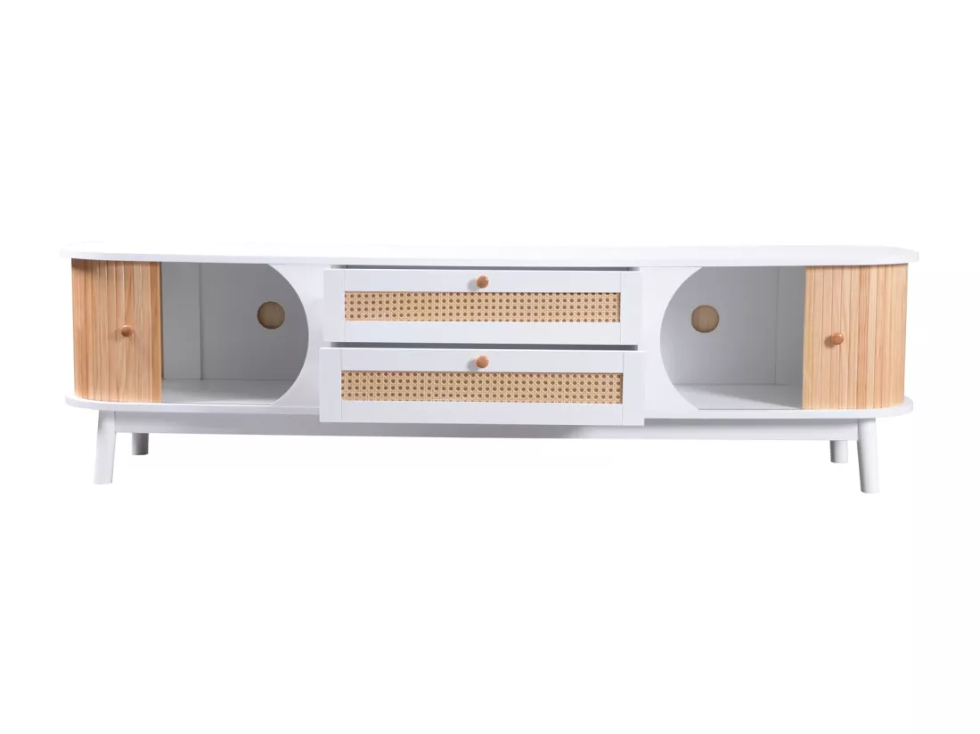 Meuble TV 170x39.5x46cm - Meuble TV en bois avec portes et tiroirs en rotin style maison de campagne pour rangement - blanc
