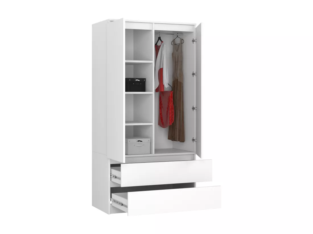 Armoire AKORD S90 Blanche 90 cm 2 portes 2 tiroirs façade Blanche 4 étagères 90x51x180 cm
