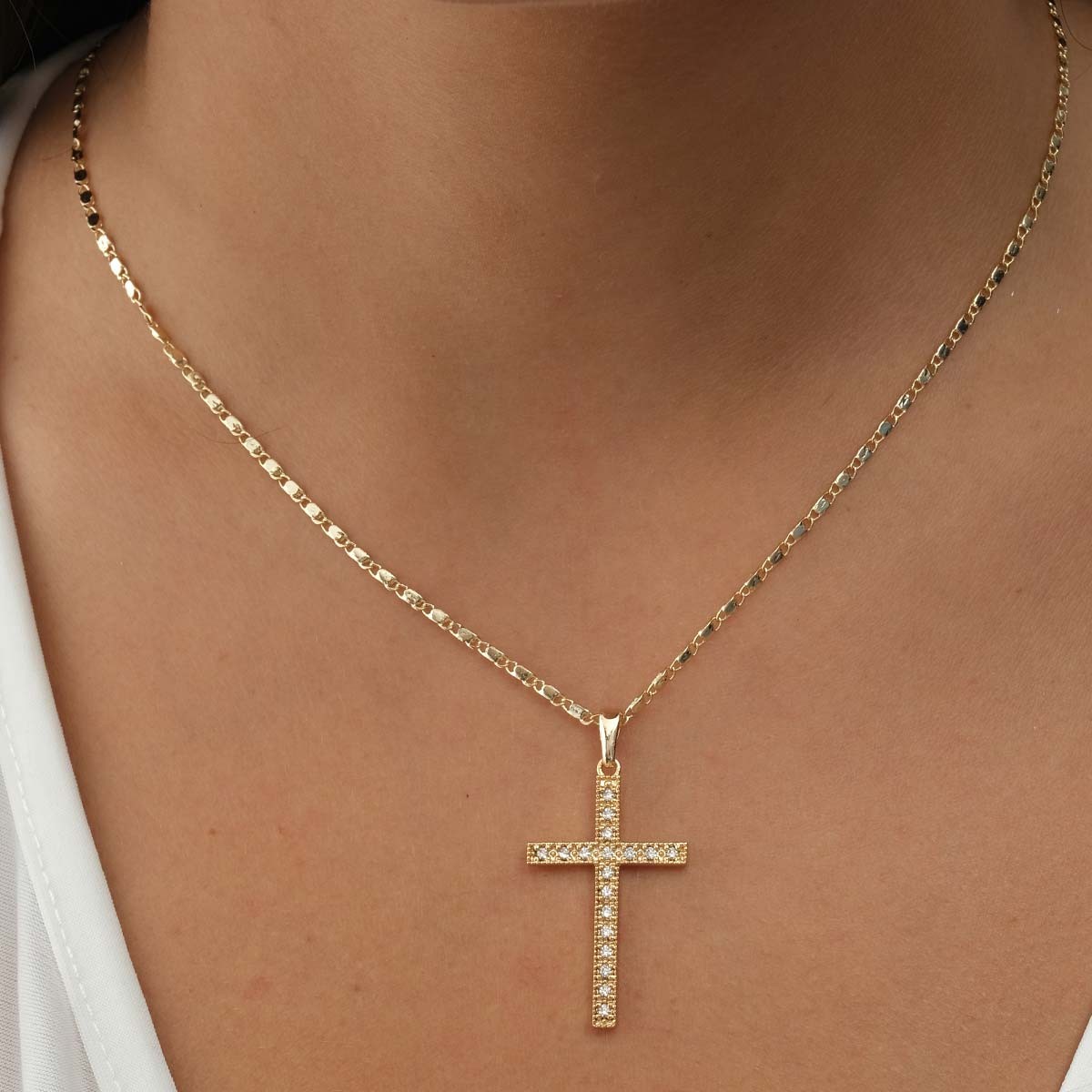 Collier croix - Laiton plaqué or & zircons