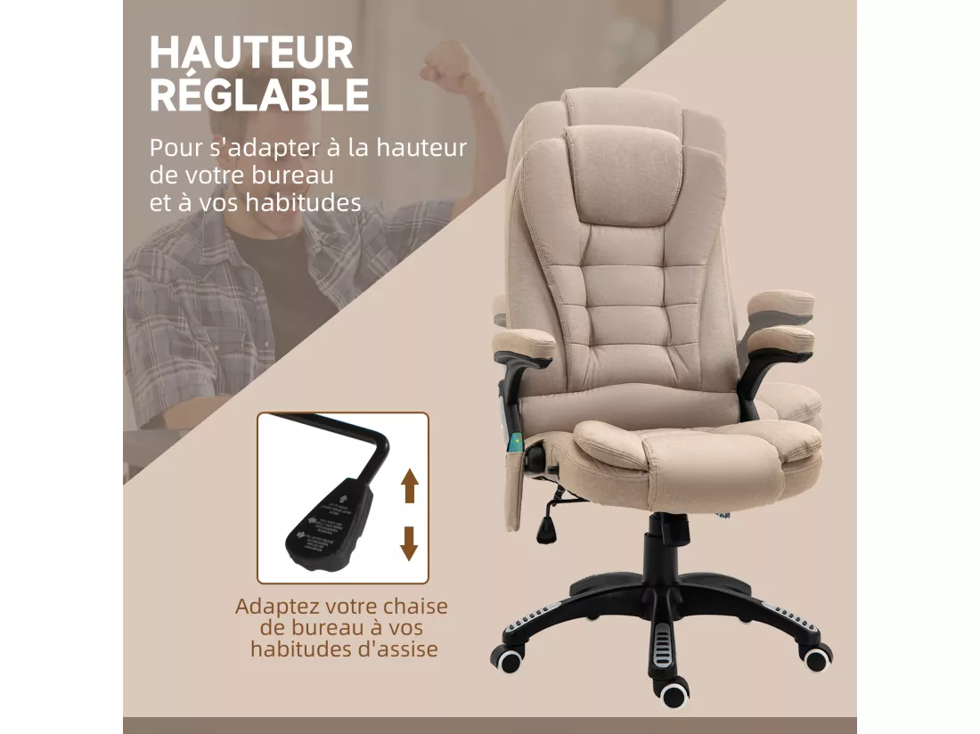 Fauteuil de bureau direction massant chauffant hauteur réglable dossier inclinable toile de lin beige