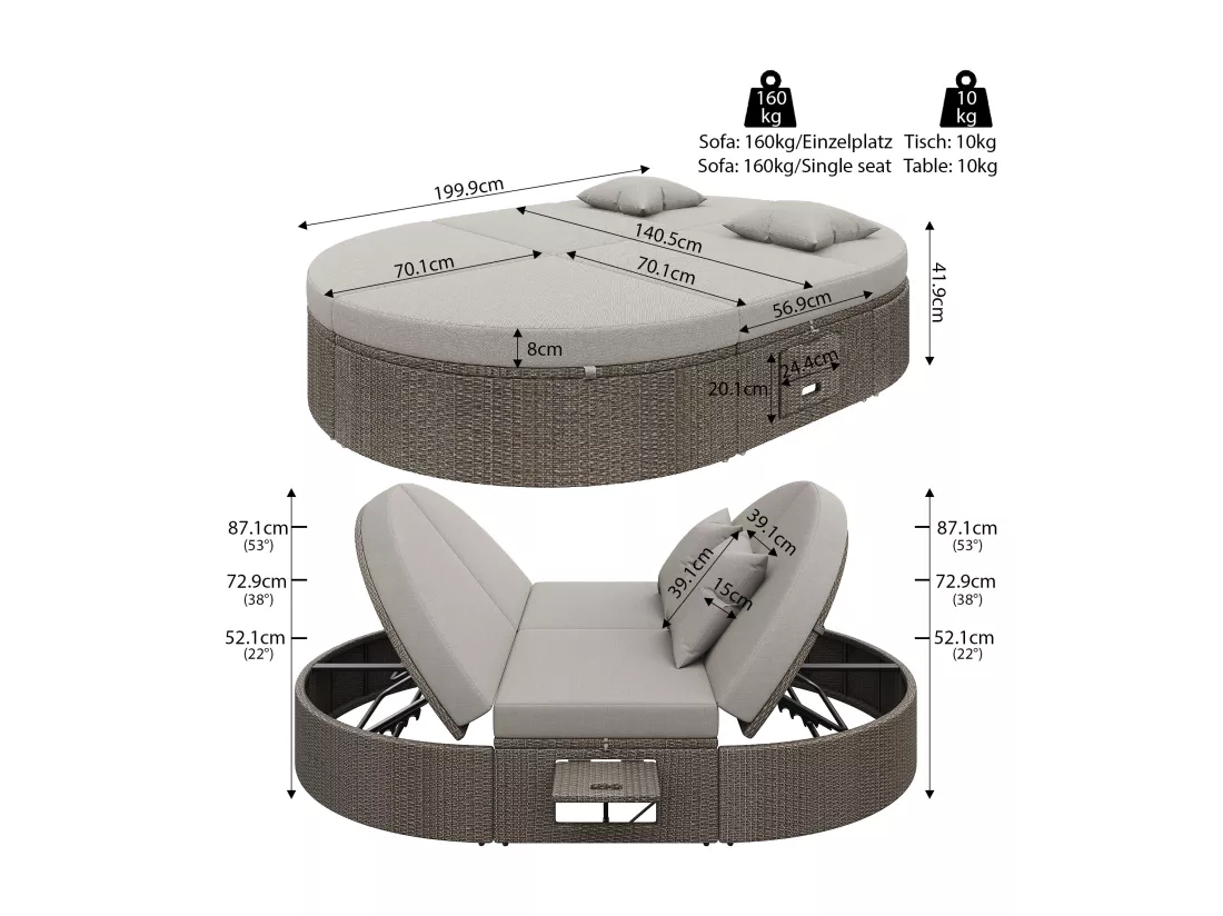 Chaise longue double en rotin avec tablette latérale, table pliante pour 2 personnes, angles réglables individuellement