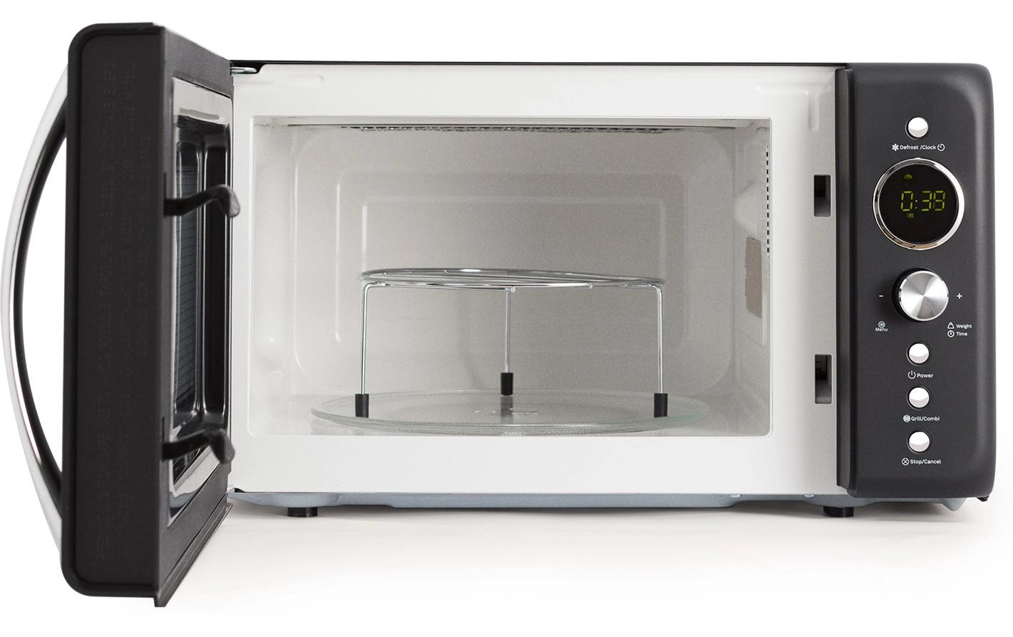 Mikrowelle Retro Schwarz<br>Retro-Mikrowelle mit Grill, Defrost und Autocook-Funktionen