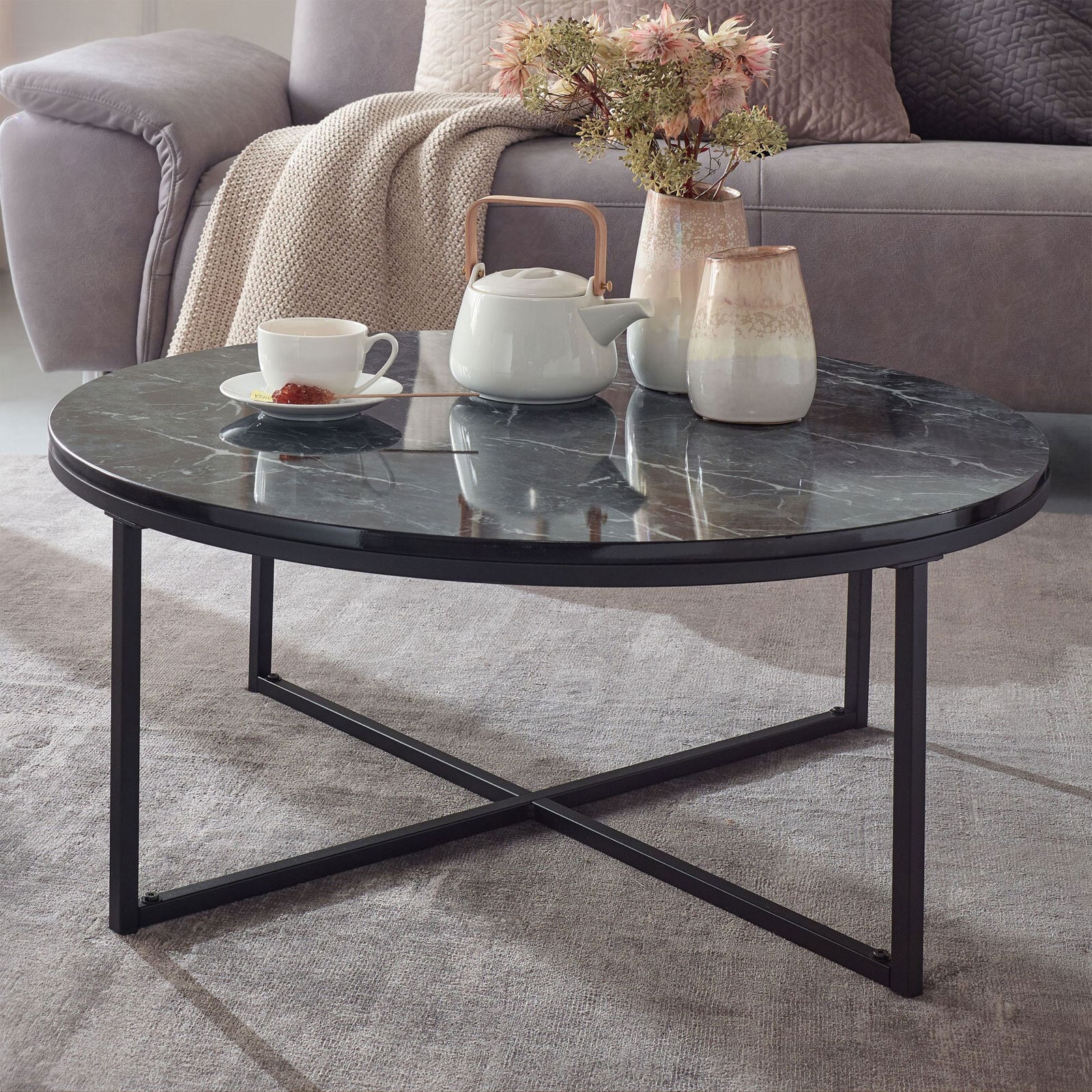 Couchtisch rund 80 cm Schwarz/Marmor Optik Schwarz