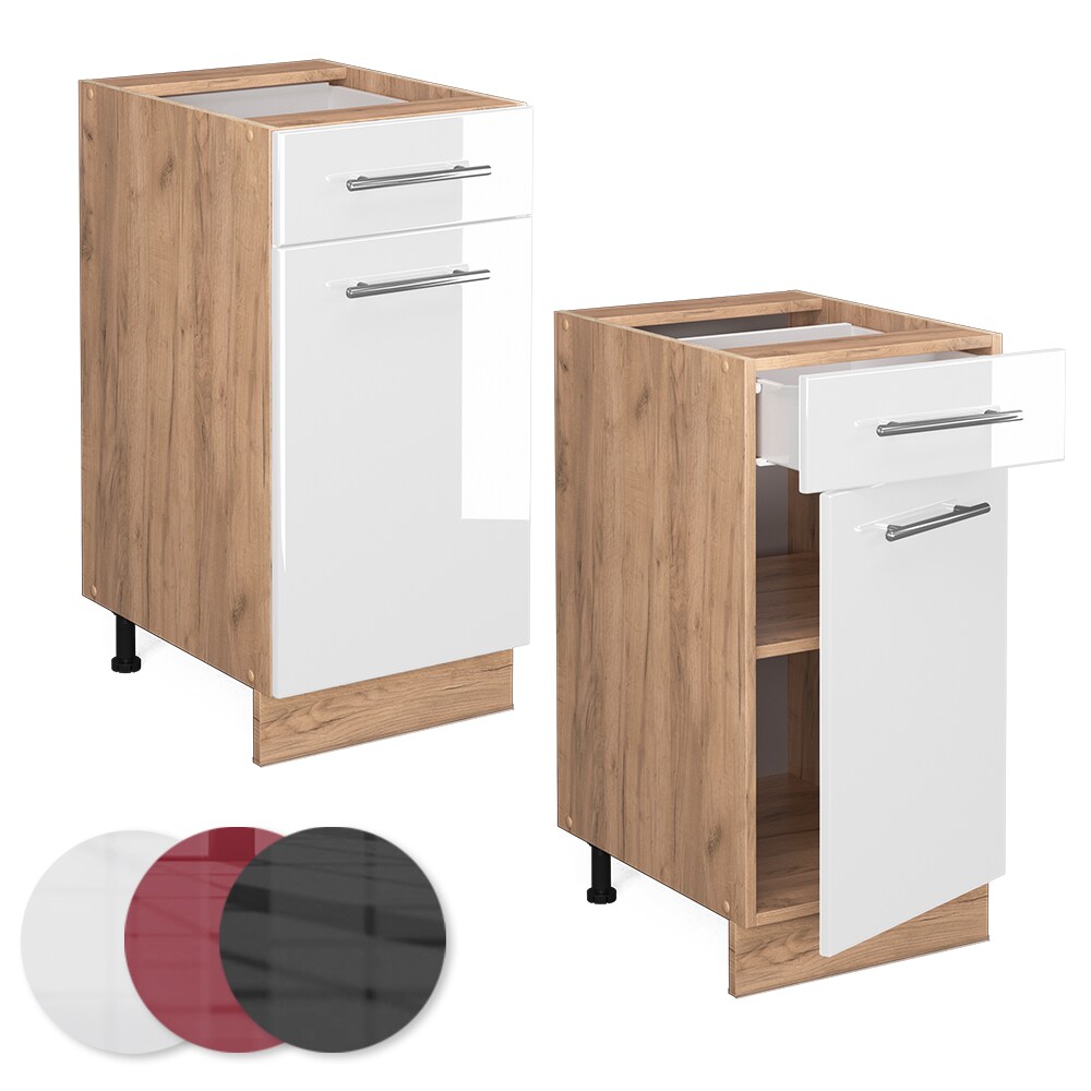 Vicco Schubunterschrank Küchenschrank Küchenmöbel Fame-Line Eiche Weiß modern 40 cm Küche Einbauküche Drehtür Schublade Einlegeboden Blende Küchenzeile Hochglanz
