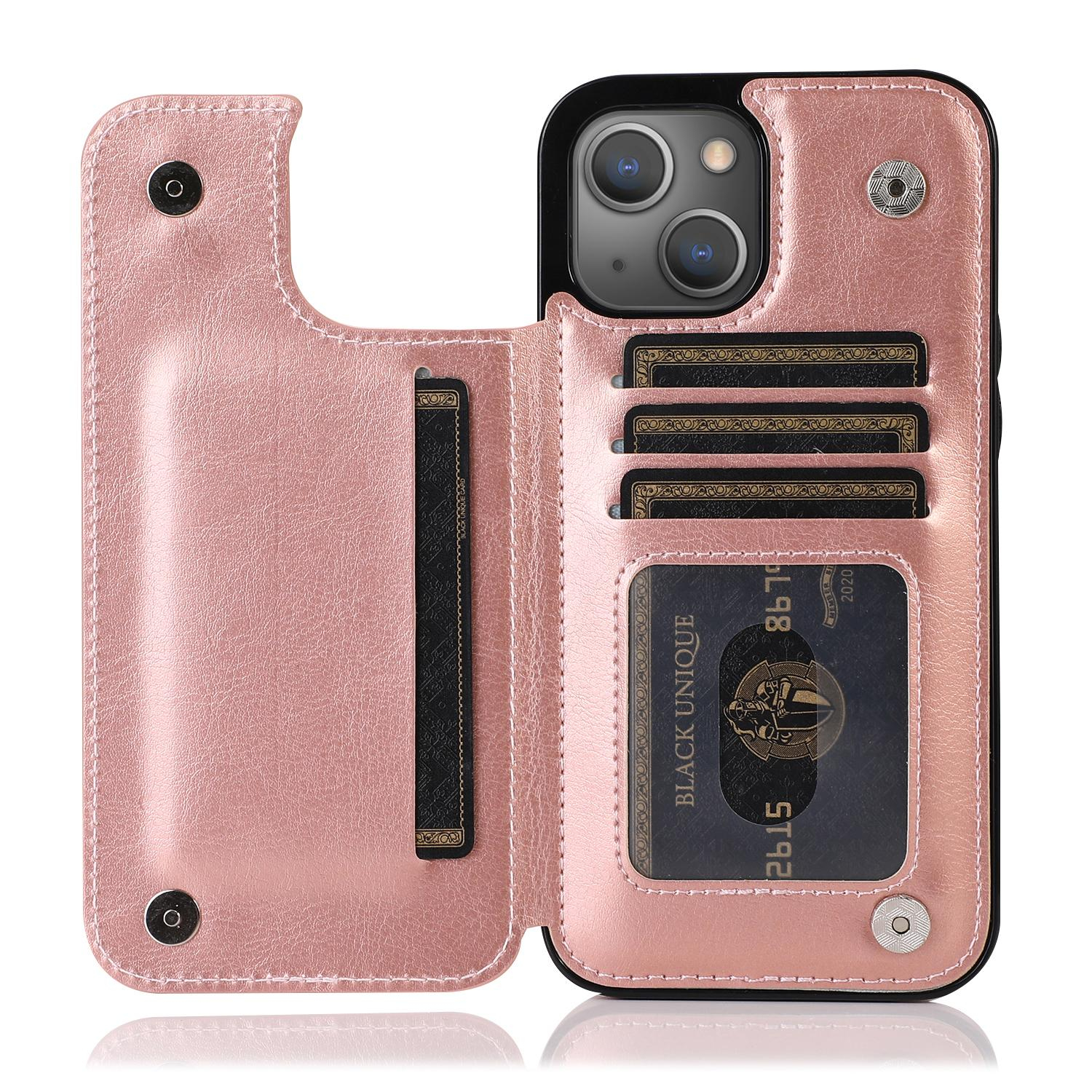 iPhone 14 Hybrid Leder Hülle mit Kartenfach   Kickstand Aufsteller - Roségold