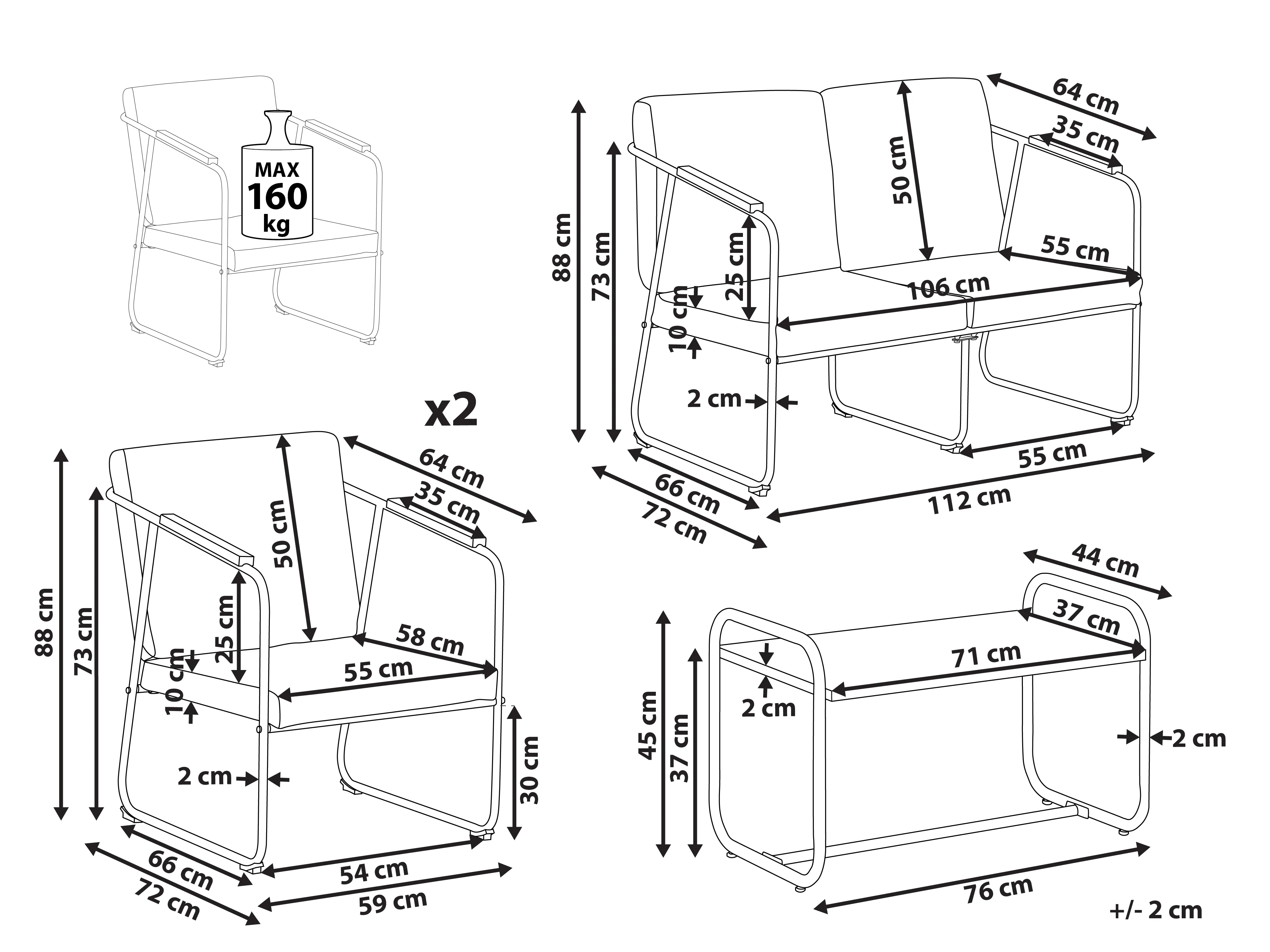Loungeset met tafel 4-zits VEZZANA Metaal Grijs