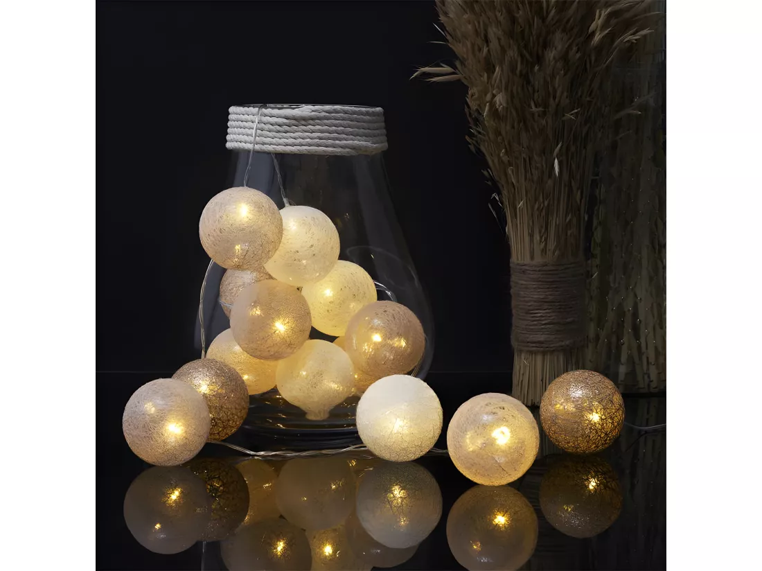Guirlande Boule Usb 15 Led Dore Blanc Nude