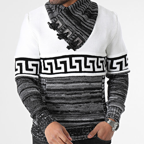Pull Col Boutonné Blanc Noir