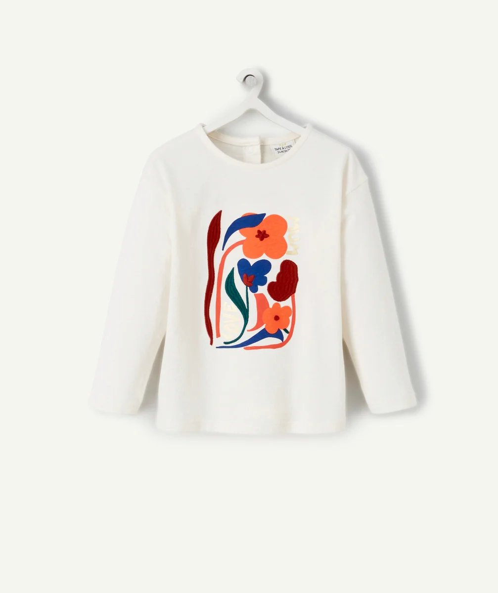 T-SHIRT BÉBÉ FILLE EN COTON BIO BLANC AVEC MOTIF BRODÉ FLEURI