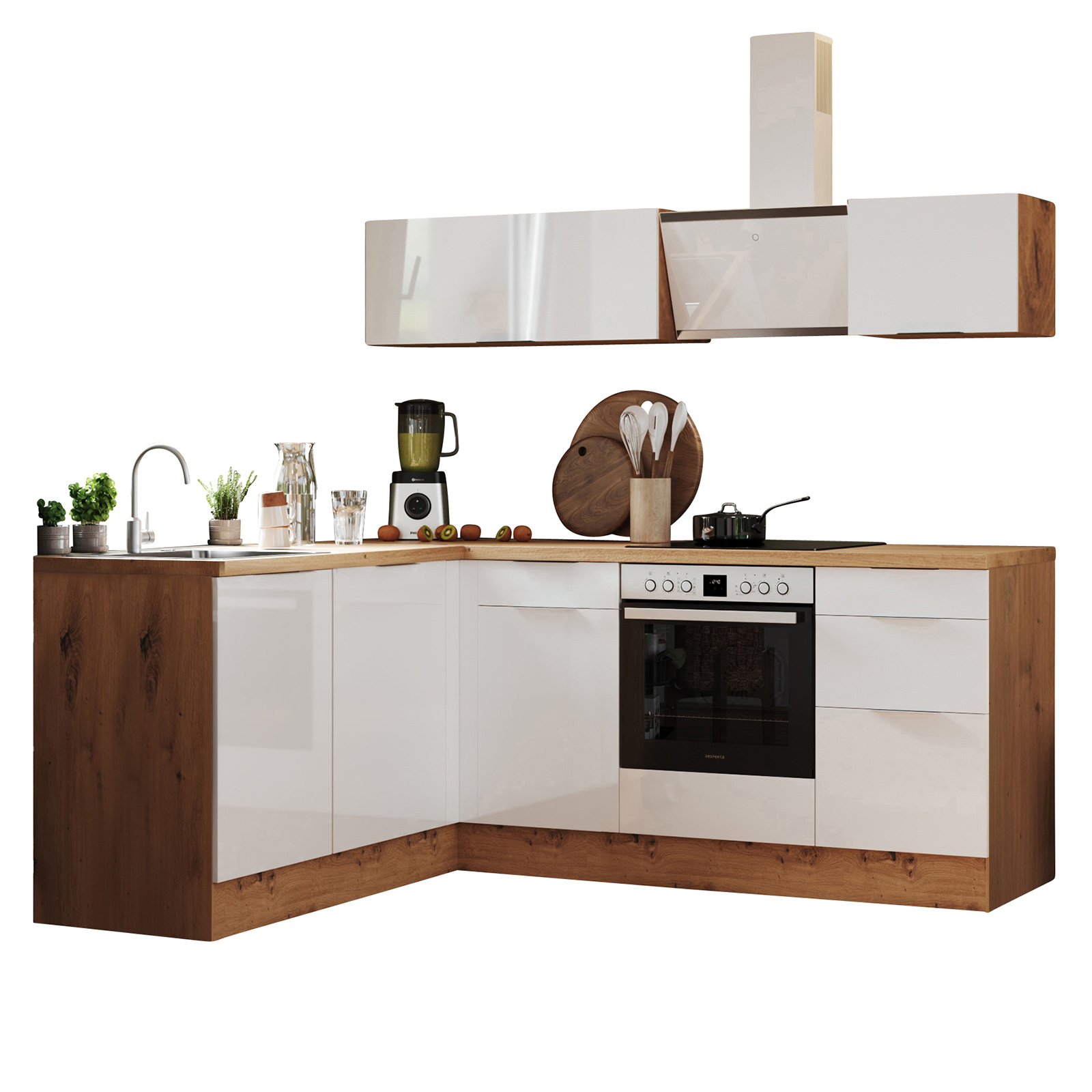 RESPEKTA Winkelküche - weiß Hochglanz - Artisan Eiche - mit E-Geräten - 220 cm
