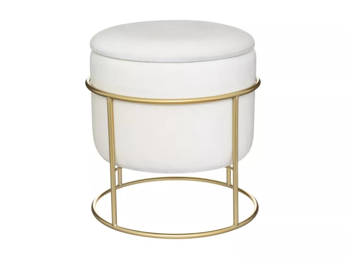 Pouf et Coffre de rangement en Velours Blanc Ivoire et support en métal D 42 x H 44 cm