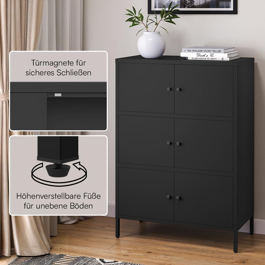 skølm Atriona Metall Kommode – Sideboard mit 3 Fächern & 6 Türen – Metallschrank in Schwarz – Mehrzweckschrank – Highboard 80 cm breit – höhenverstellbare Füße – Aufbewahrungsschrank – Flurschrank