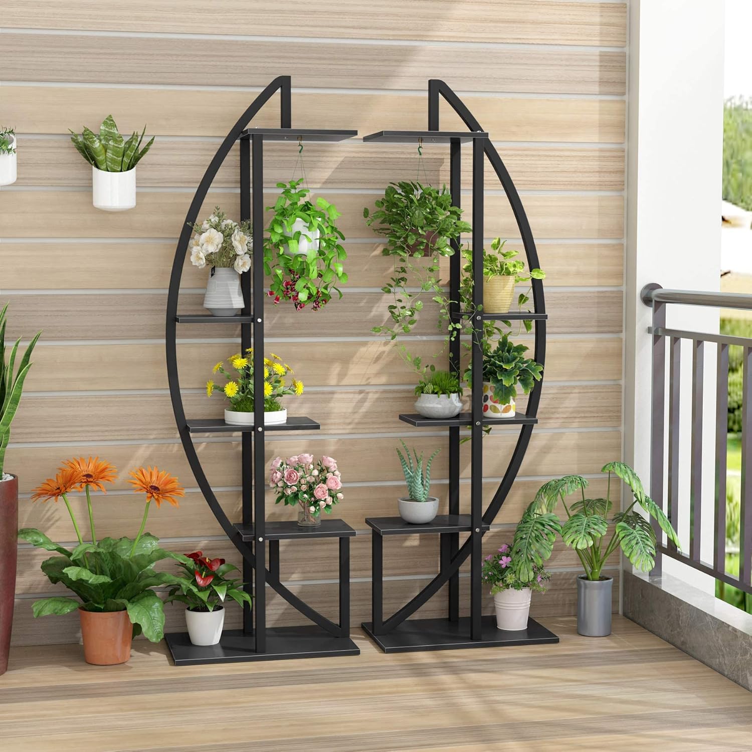 Tribesigns Blumenständer, 2 Stück Pflanzenregal mit 5 Ebenen und 2 Haken, 160cm Hoch Pflanzenständer Metall Blumenregal für Indoor Balkon Boden Blumentreppe Wohzimmer (Mattschwarz)