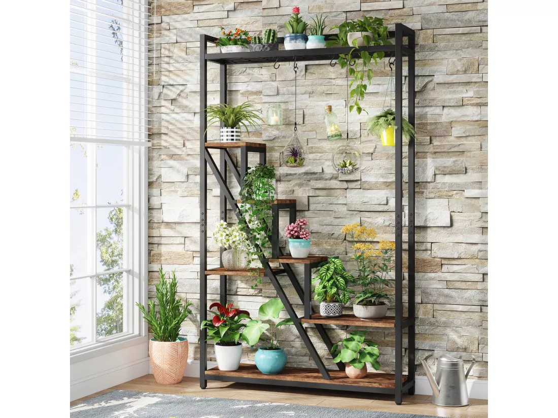 Support pour plantes d'intérieur à 7 niveaux,Grande étagère en métal de 180 cm avec 10 crochets de suspension en S, Marron