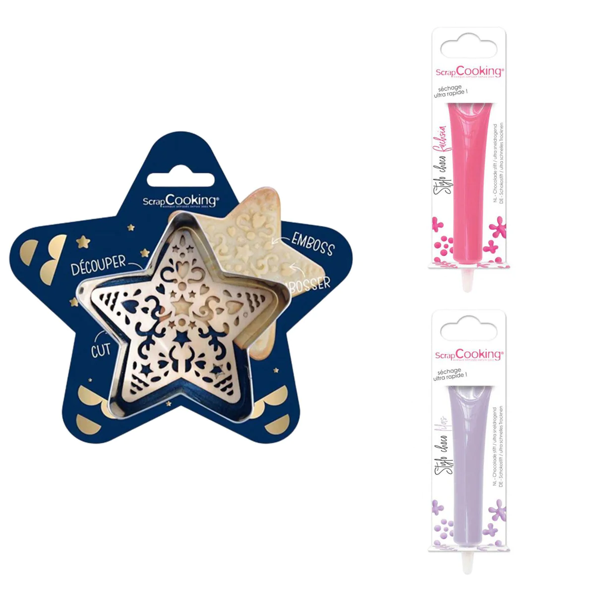 Kit pour biscuit en relief Étoile + 2 Stylos au chocolat lilas et fuch