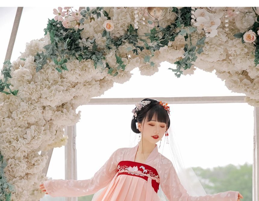 Francoix - Set: Hanfu-top met lange mouwen + maxi-A-lijn rok met geborduurde bloemen