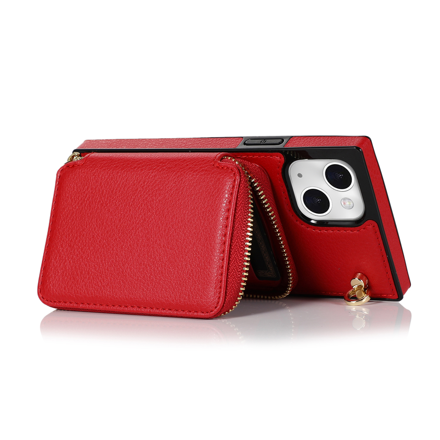 iPhone 13 Necklace Leder Schutz Hülle mit Kartenfächer   Handykette (140cm) - Rot