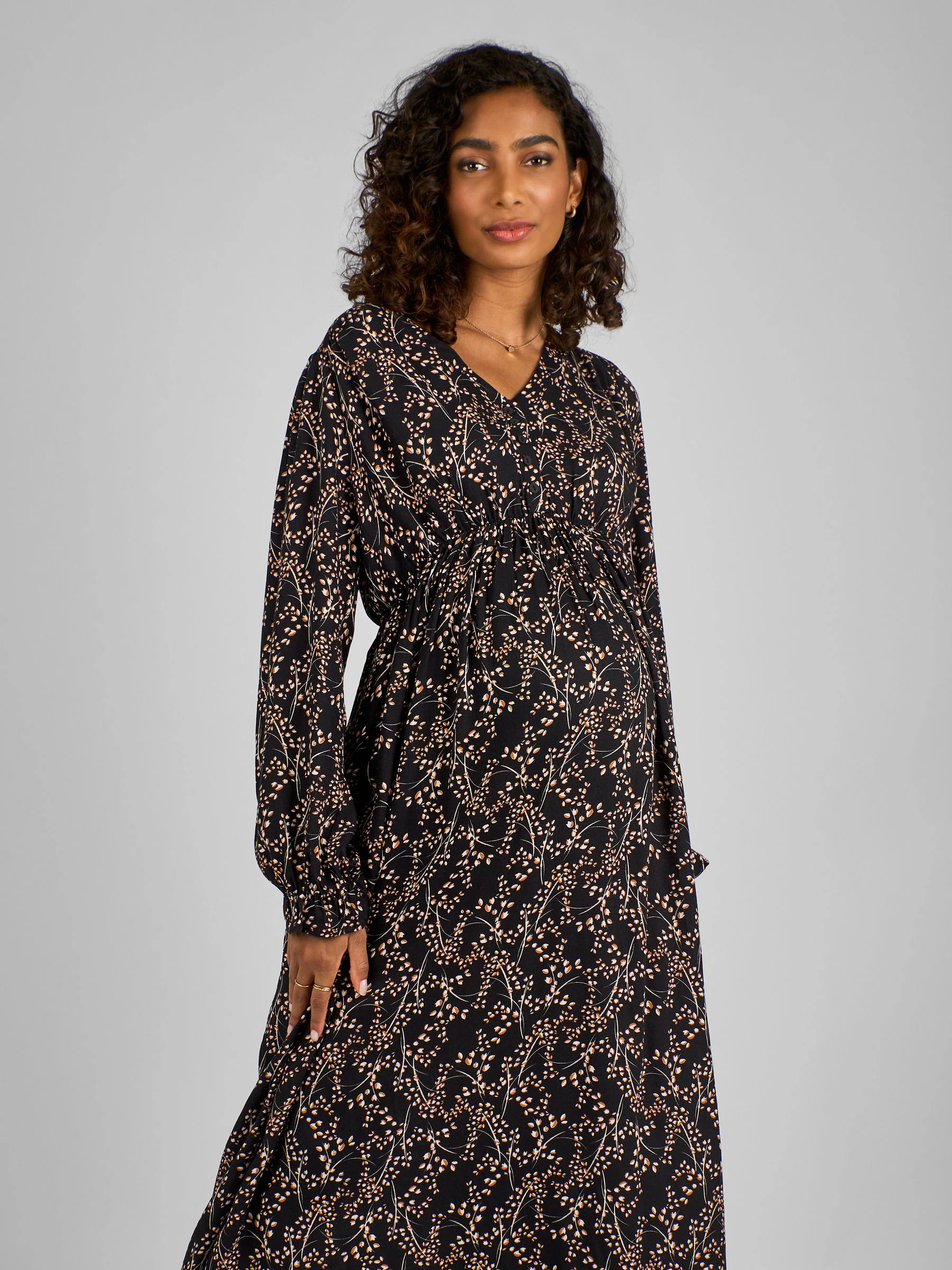 Zwart bloemenprint - JoJo Maman Bébé - Halflange zwangerschapsjurk met V-hals