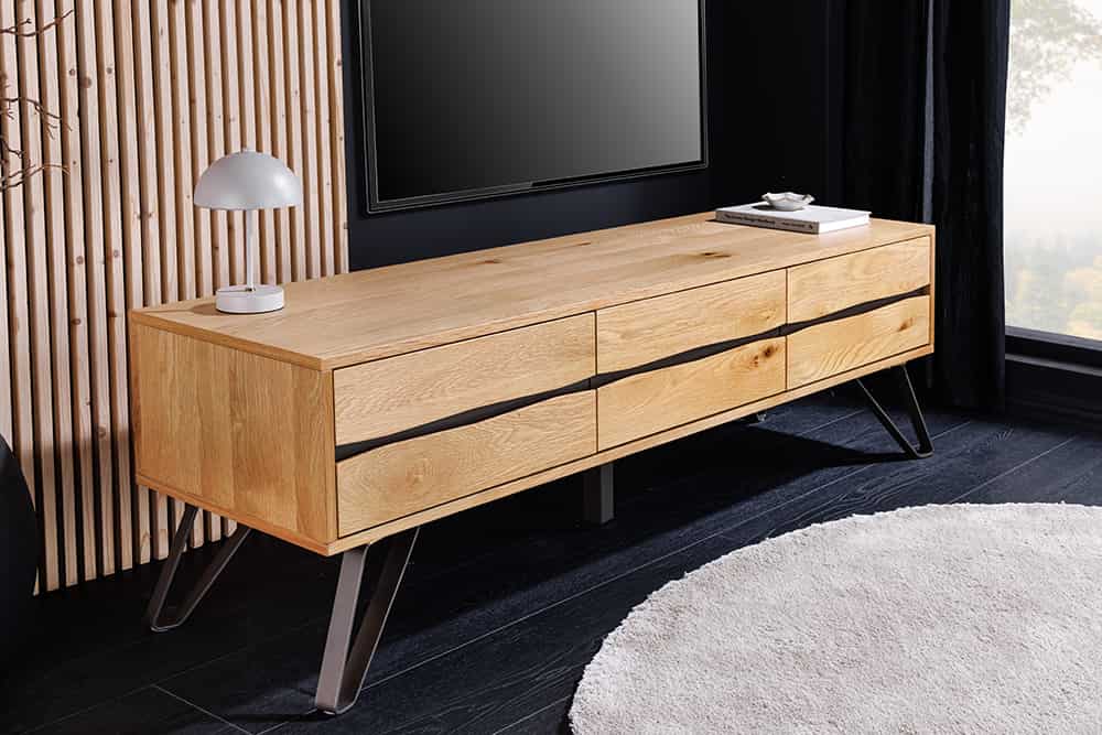 Massives TV-Lowboard LIVING EDGE 160cm natur Eichenholz Baumkante mit Hairpin Legs