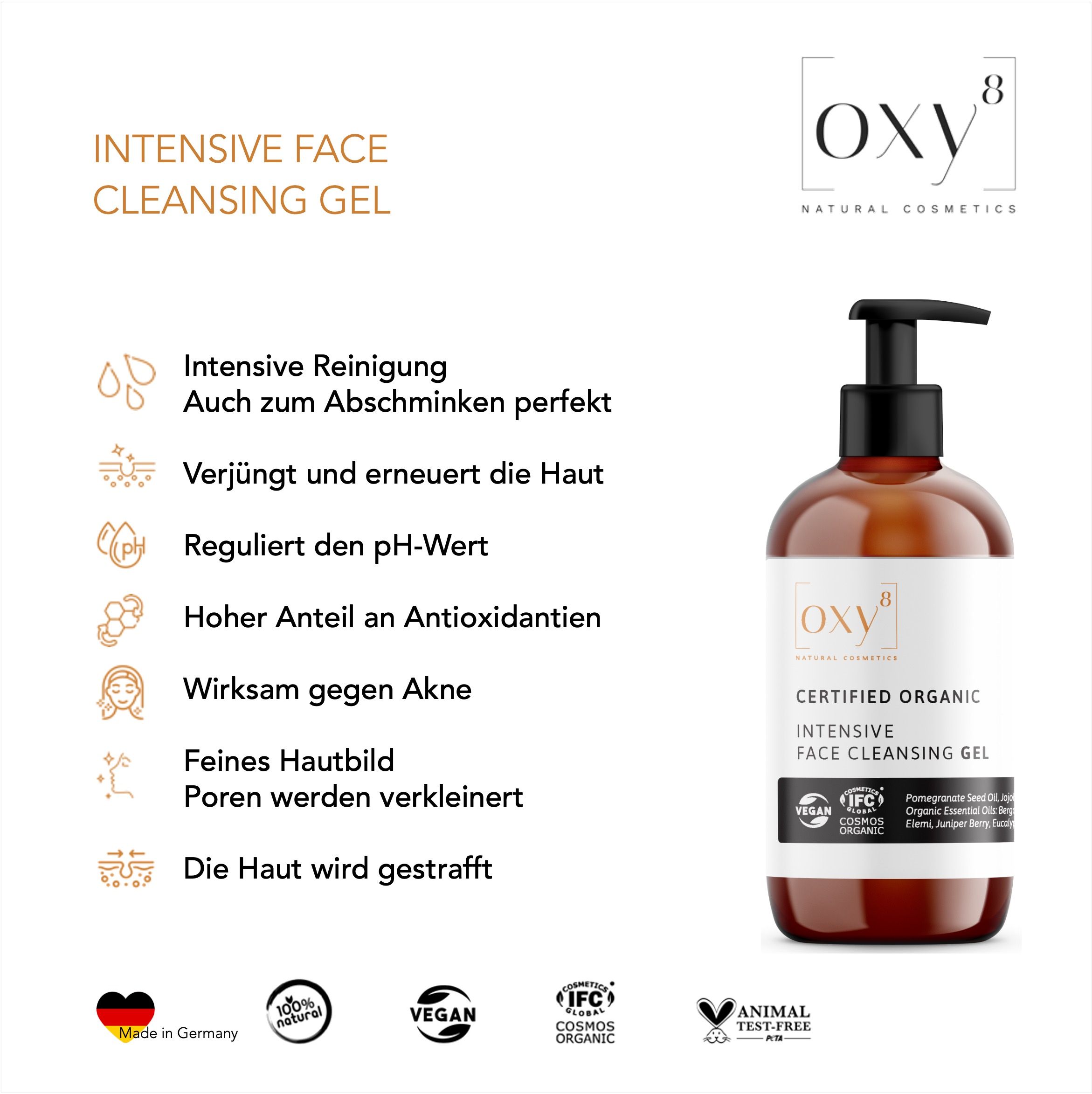 oxy8 Naturkosmetik INTENSIVE FACE CLEANSING GEL – Intensives Reinigungsgel. Auch zum Abschminken