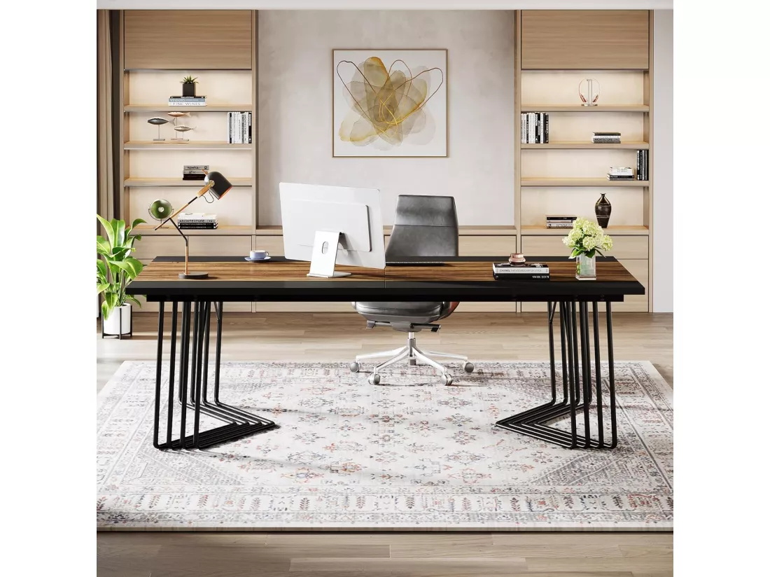 Tribesigns Bureau 200 cm pour 2 personnes avec structure géométrique solide en métal - Table de réunion ou de séminaire pour 8 à 10 personnes - Marron rustique