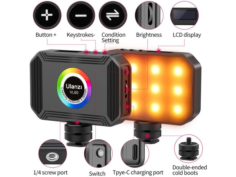 Ulanzi Videoleuchte VL60 Tragbare quadratische Mini-Leuchte