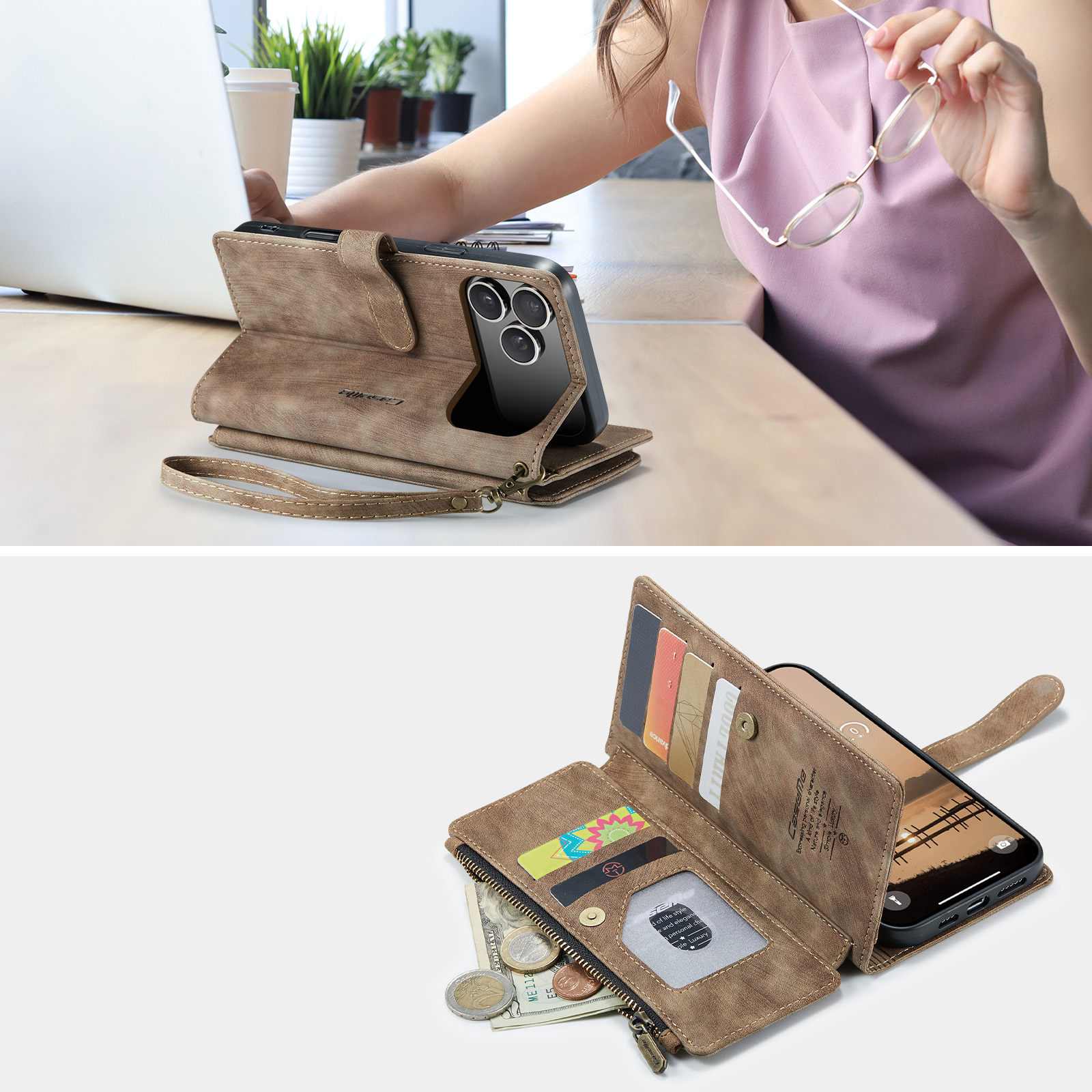 iPhone 17 Pro 2in1 Leder Tasche Karten Etui - Hellbraun