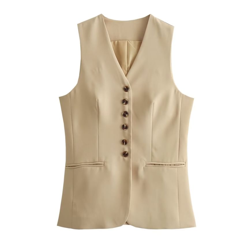 Sensarra - V-hals effen knoopvest / elastische tailleband midi A-lijn rok / set