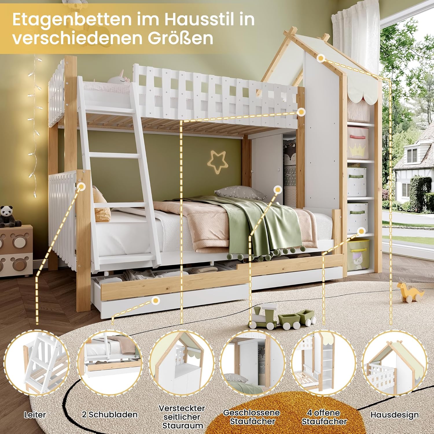 Etagenbett 90x200cm+140x200cm, Kinderbett Hochbett mit Bettgitter, Hausleiste, 2 Schubladen, Leiter, Unregelmäßiger Zaun, Funktionsbett Stockbett, Ohne Matratze(Weiß+ Natur)