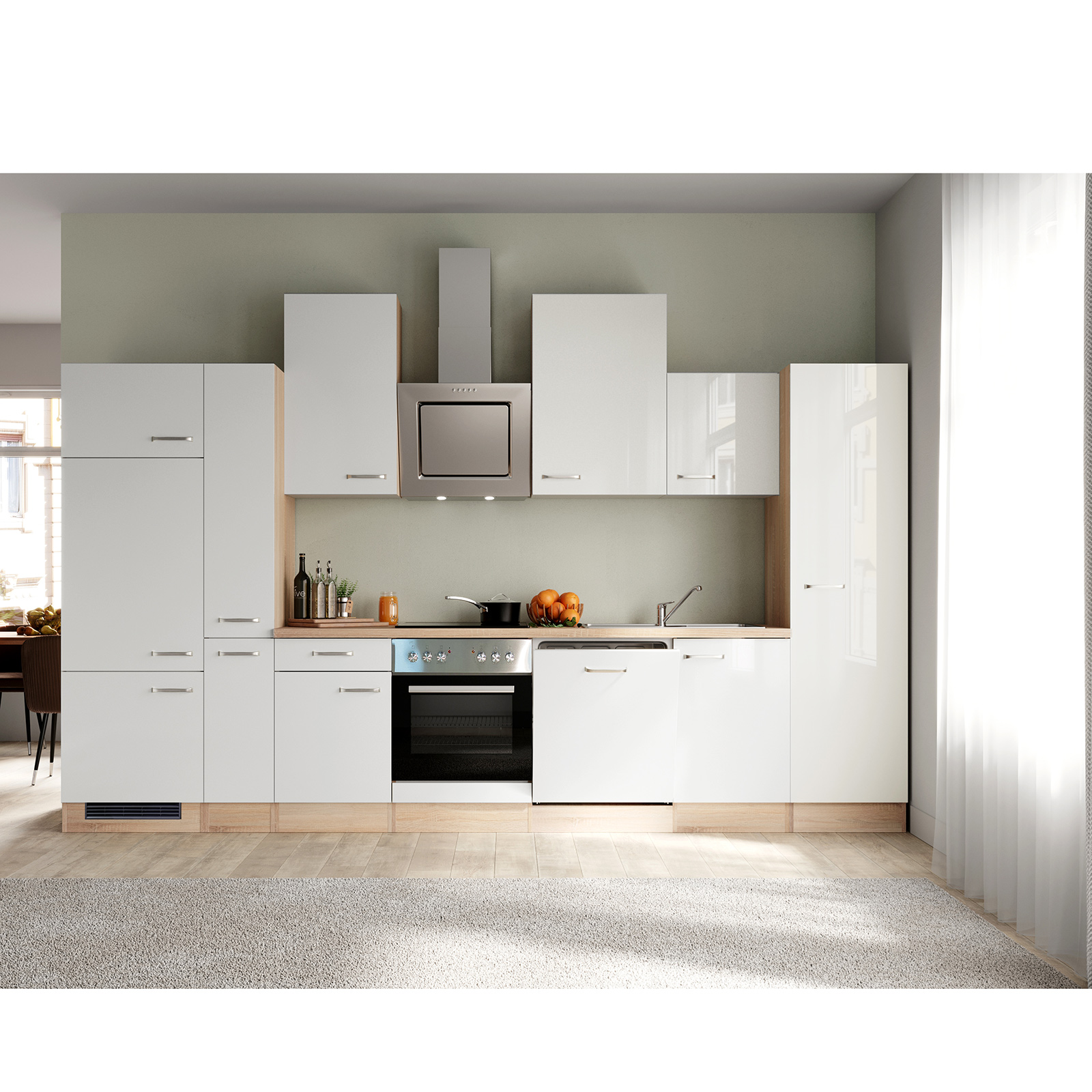Küchenblock VALERO - weiß Hochglanz-Sonoma Eiche - mit E-Geräten - 360 cm