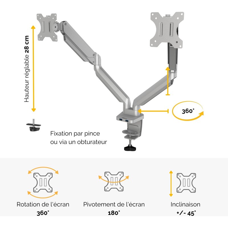 Fellowes Platinum Series Bras porte-écrans double - Argent