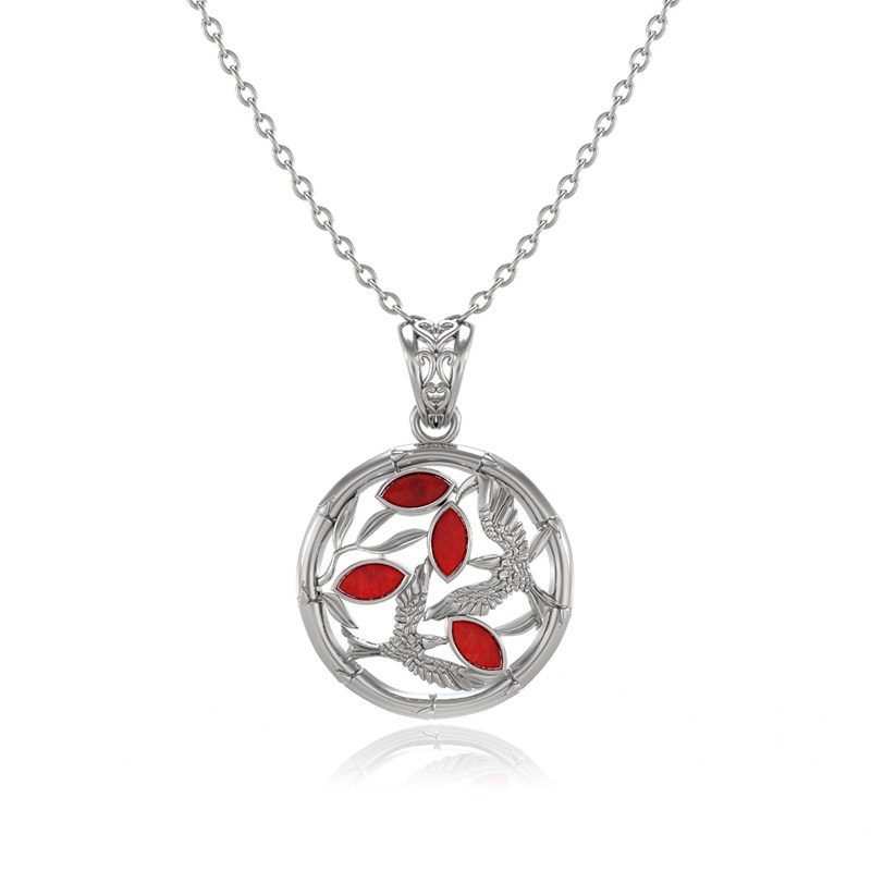 Pendentif ADEN Oiseaux et branches de corail  Serti Argent 925