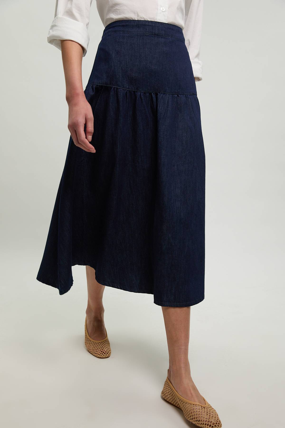KarenMillen Jupe Midi Plissée En Denim À Coupe Ample